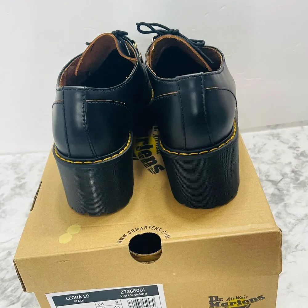 Dr. MARTENS Leona Lo Size 11 Smooth Leather Lug Sole Heeled Derby Shoe, Black